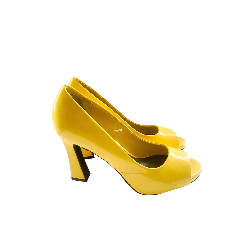 Worthington‎ Yellow Patent Peep Toe Pumps Flared Block Heel Shoes Womens 8.5